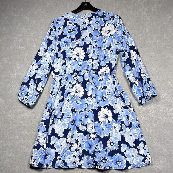 Old Navy Dress Womens Size Large Blue White Floral Wrap V-Neck Knee Length - Picture 8 of 12